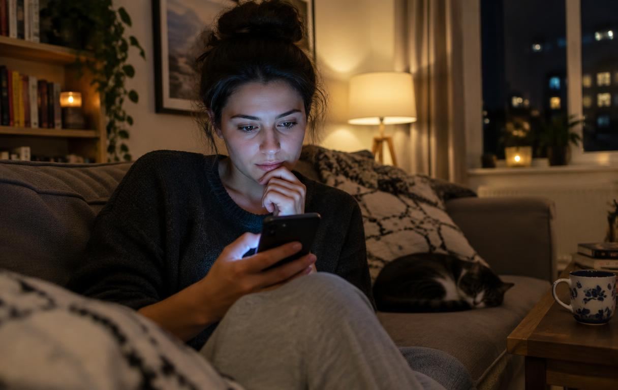 A person researching a question on their phone at night