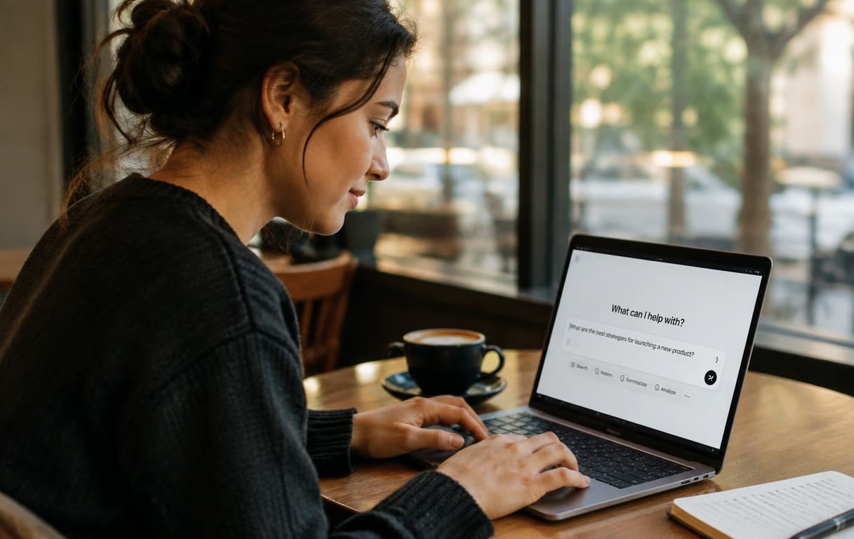 A woman typing a question into a laptop at a cafe