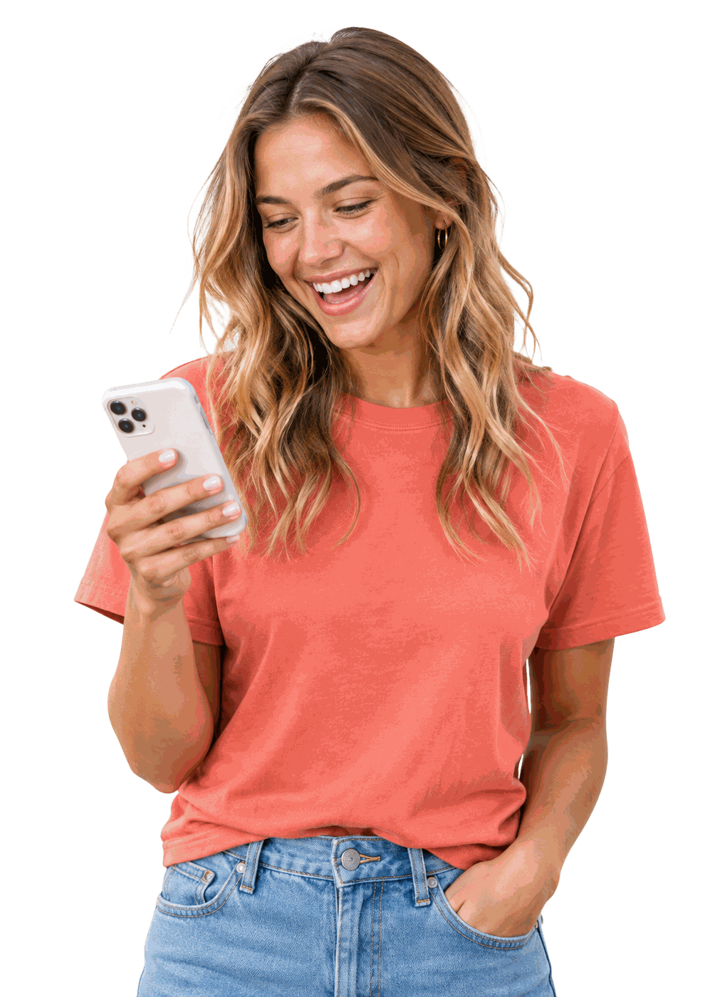 A customer smiling at her phone after discovering a business on Facebook