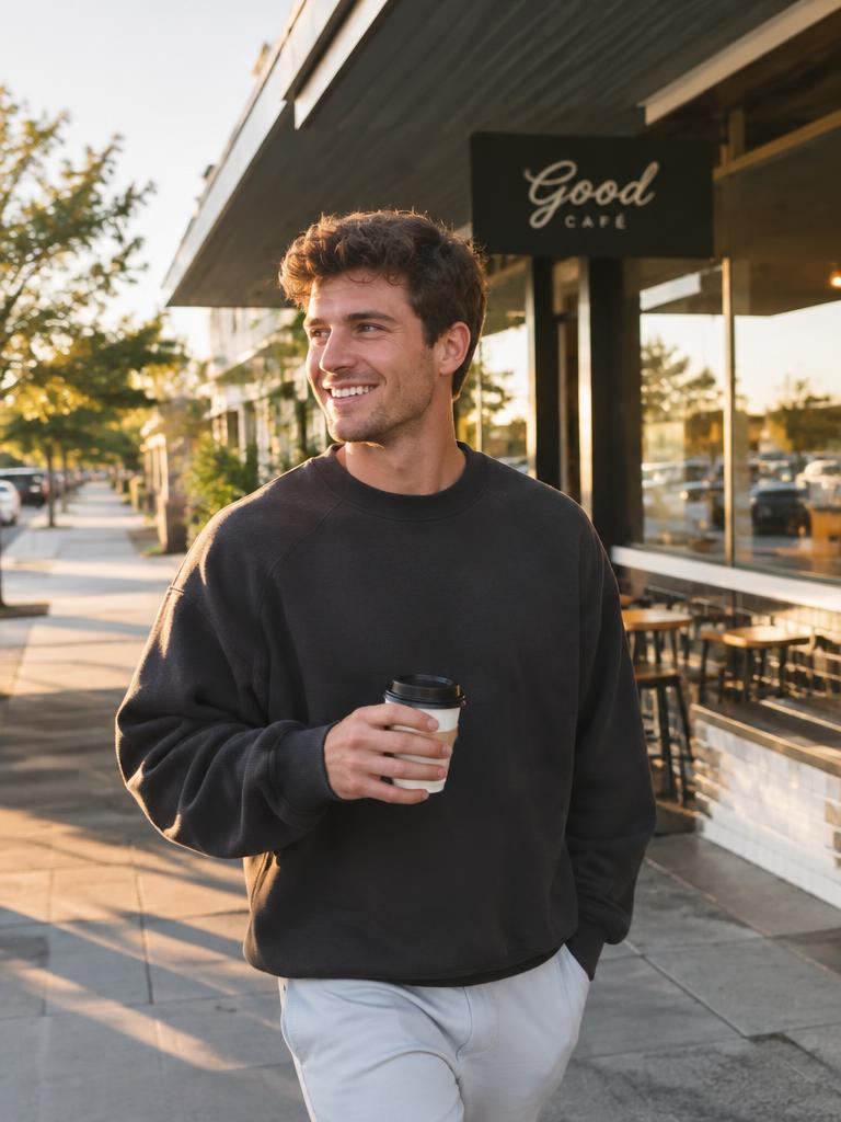 Story-style creative featuring a happy cafe customer