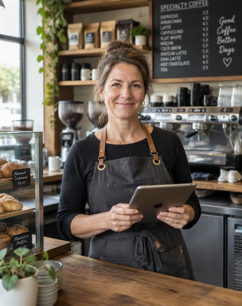 Cafe owner reviewing new enquiries on a tablet