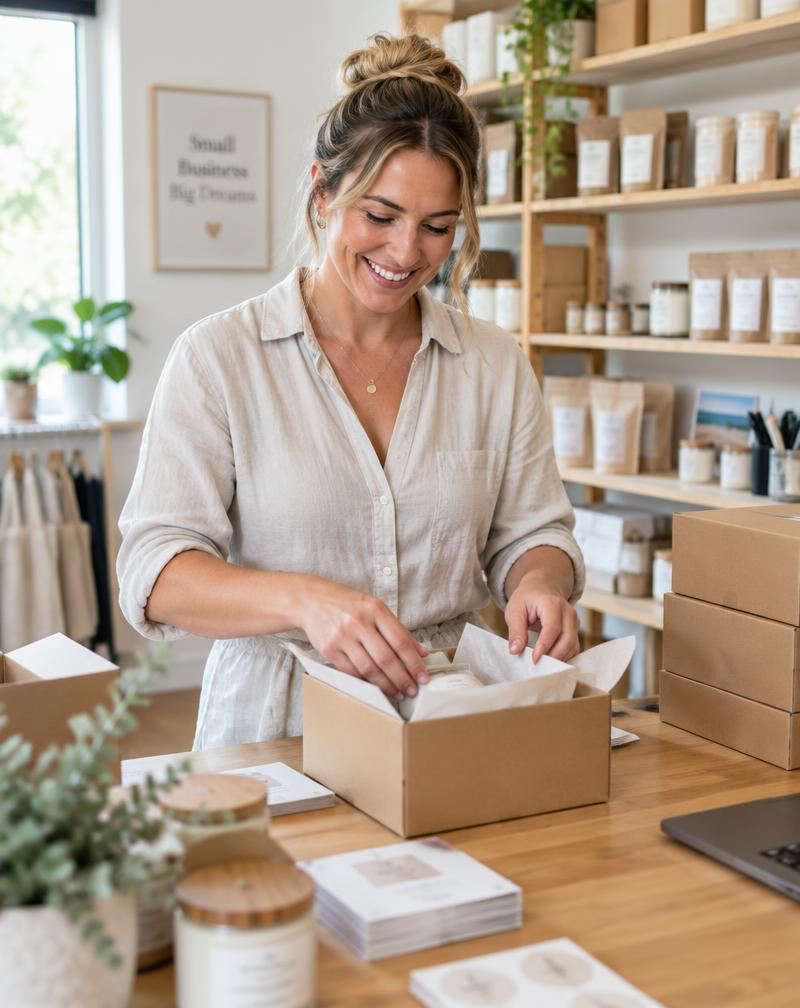 E-commerce business owner packing customer orders