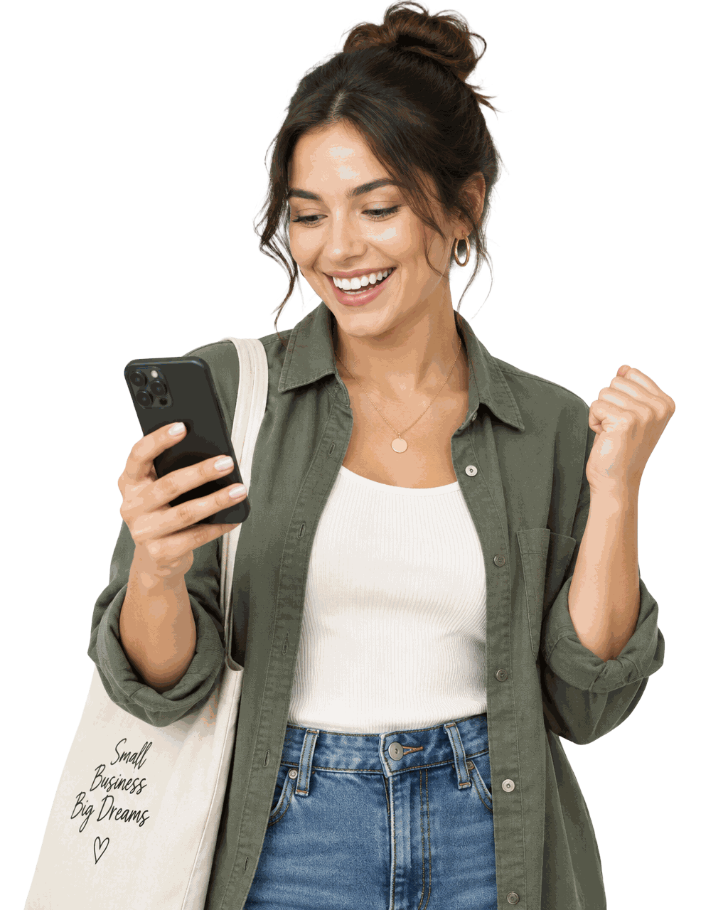A small-business owner celebrating a new Instagram message on her phone