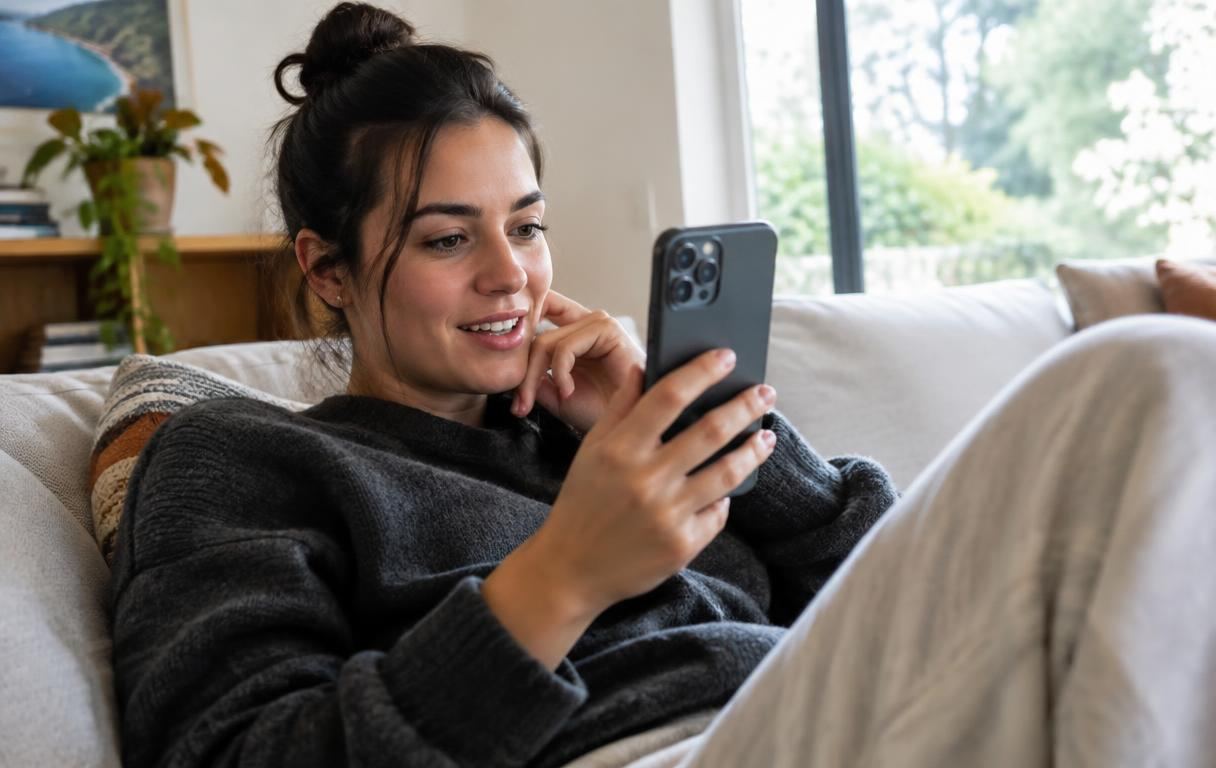 A woman watching a video on her phone at home