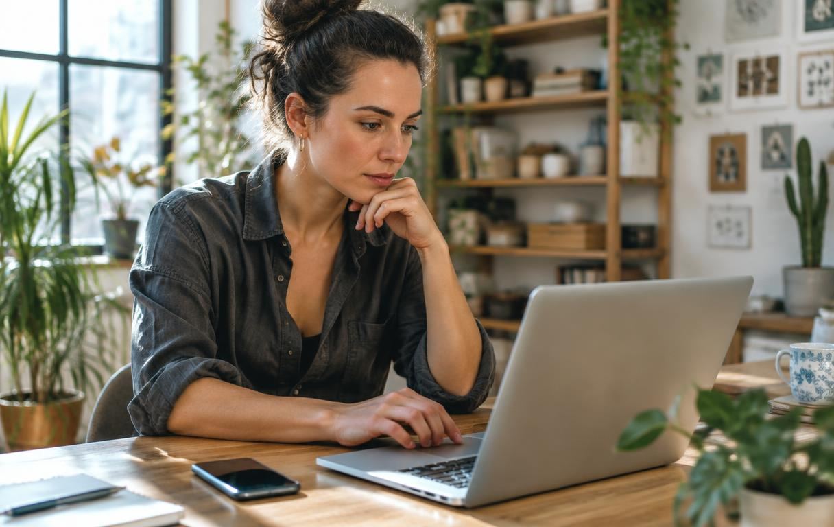 A business owner browsing a website on her laptop