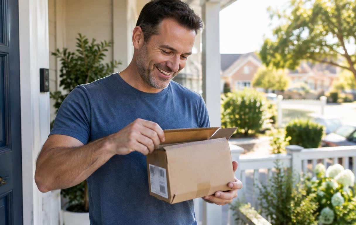 A happy customer opening a delivered parcel