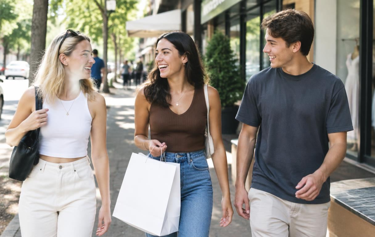 Shoppers walking through a boutique shopping street