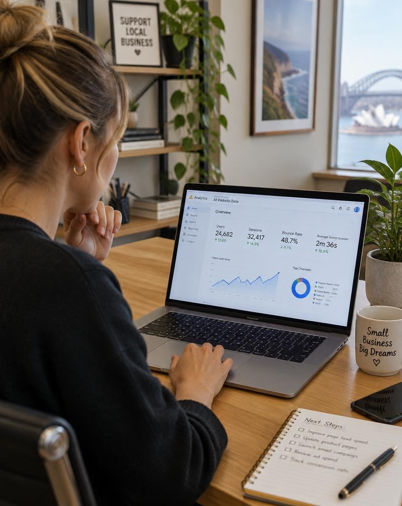 Business owner reviewing website analytics on a laptop