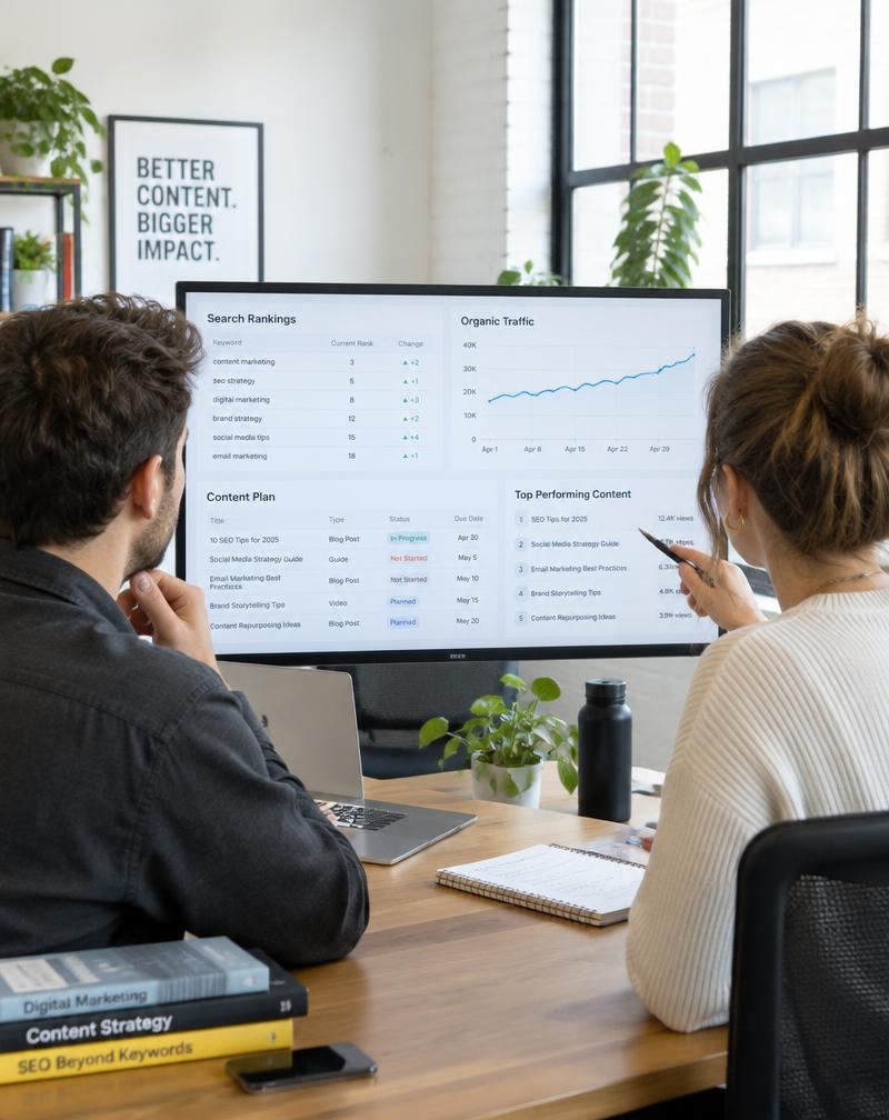 Strategists reviewing search rankings and a content plan