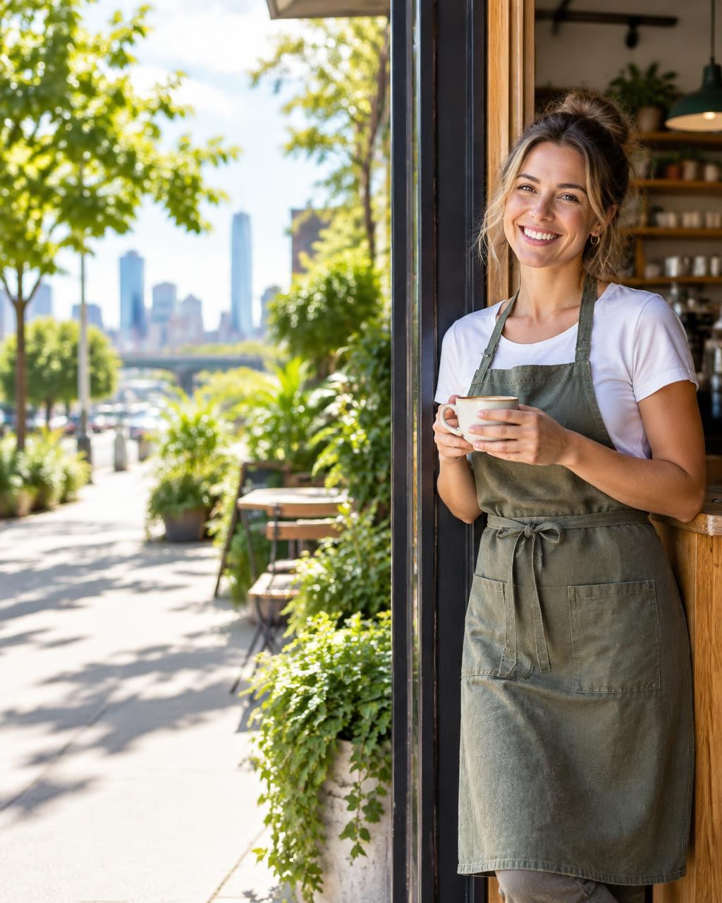 Cafe owner greeting customers at the door of her Brisbane cafe