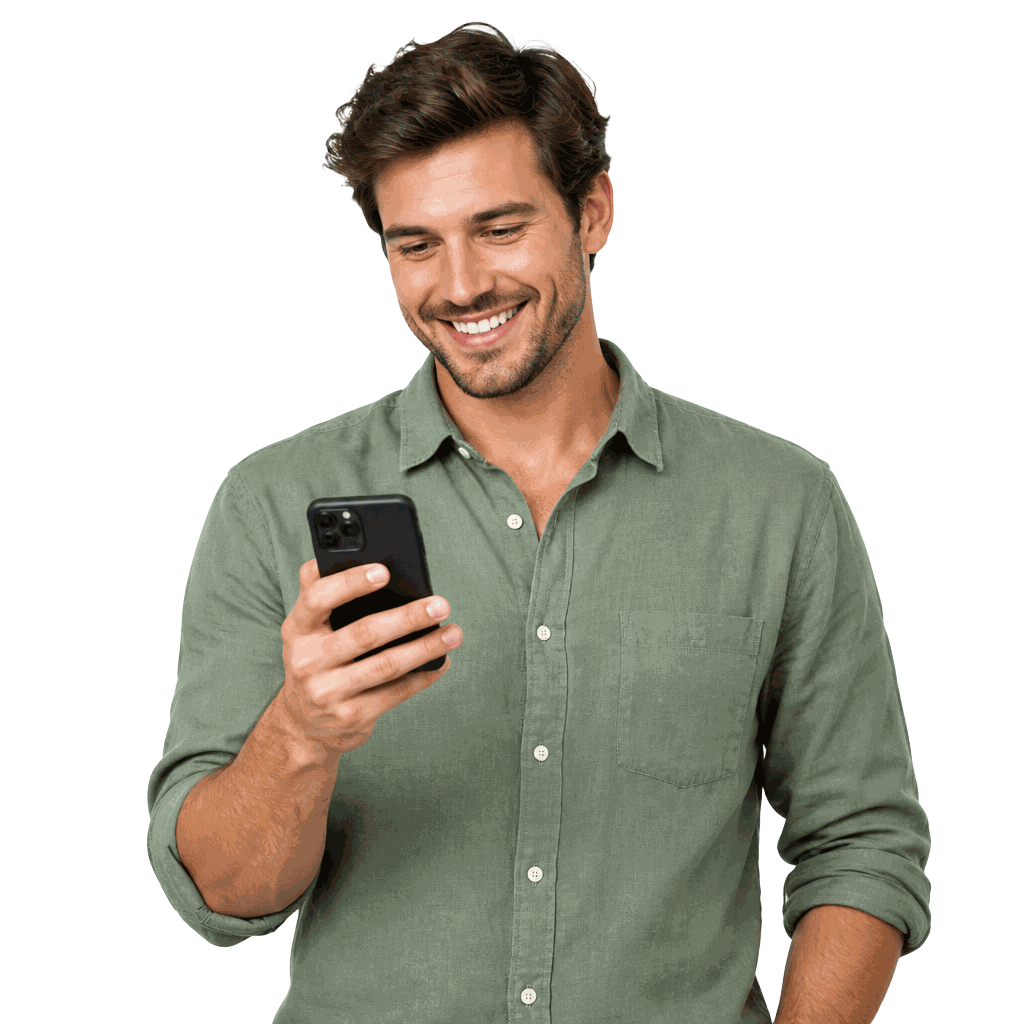 A business owner smiling at his phone after new customers found him through search