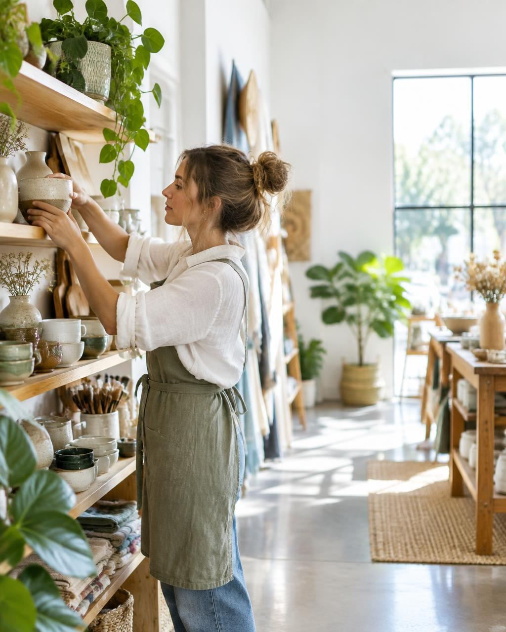 Retail studio owner arranging products on her shelves