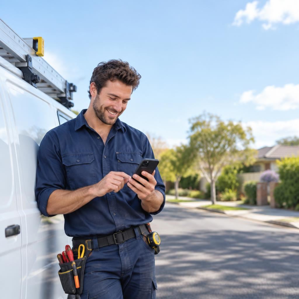 Trades business owner on his phone reading a new enquiry
